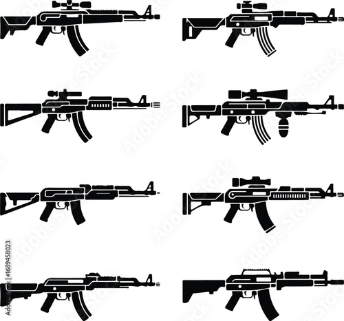 Assault Rifle Silhouette Icon Vector Design Military Weapon Gun Silhouette Symbol Set
