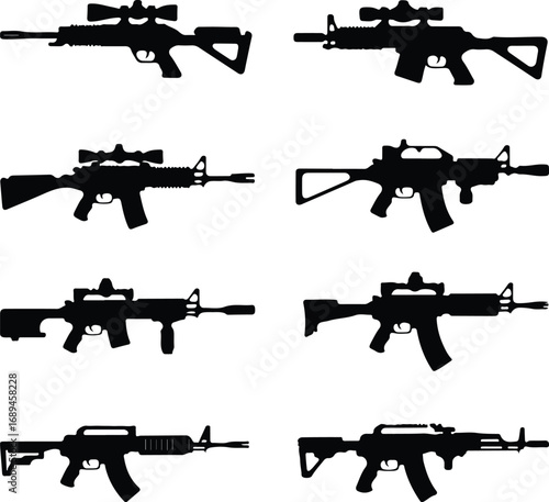 Assault Rifle Silhouette Icon Vector Design Military Weapon Gun Silhouette Symbol Set