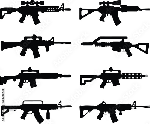 Assault Rifle Silhouette Icon Vector Design Military Weapon Gun Silhouette Symbol Set