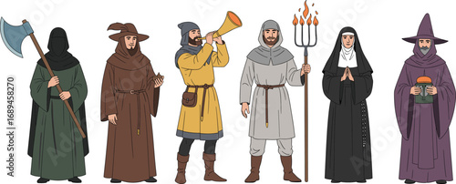 Medieval character vector set with executioner, monk, nun, wizard, peasant, herald, fantasy roles, historical costumes, vintage illustration
