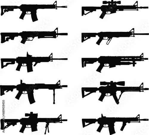 Assault Rifle Silhouette Icon Vector Design Military Weapon Gun Silhouette Symbol Set