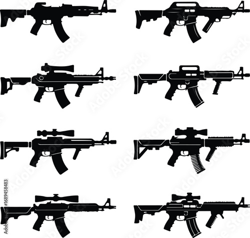 Assault Rifle Silhouette Icon Vector Design Military Weapon Gun Silhouette Symbol Set