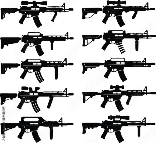 Assault Rifle Silhouette Icon Vector Design Military Weapon Gun Silhouette Symbol Set