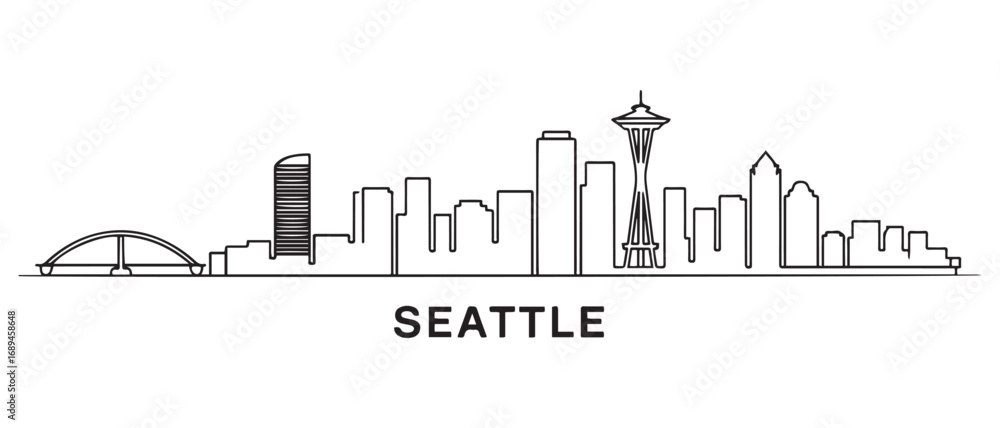 Obraz premium Seattle line Art City urban skyline. Modern minimalist cityscape graphic, perfect for travel, banners. with white background