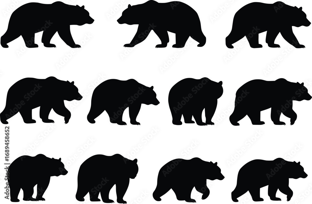 Naklejka premium Bear walking silhouette set, black bear animal vector collection, wildlife illustration, bear movement poses for design, forest animal art
