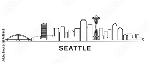 Seattle line Art City urban skyline. Modern minimalist cityscape graphic, perfect for travel, banners. with white background