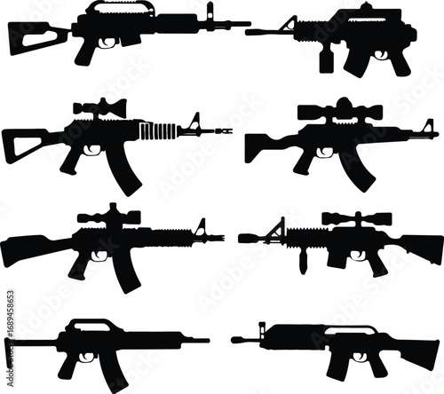 Assault Rifle Silhouette Icon Vector Design Military Weapon Gun Silhouette Symbol Set