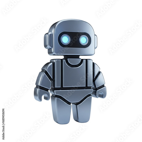 Cute metallic robot with blue glowing eyes isolated on transparent background