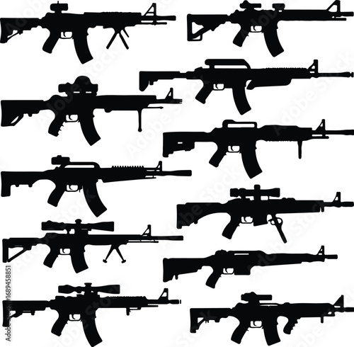 Assault Rifle Silhouette Icon Vector Design Military Weapon Gun Silhouette Symbol Set