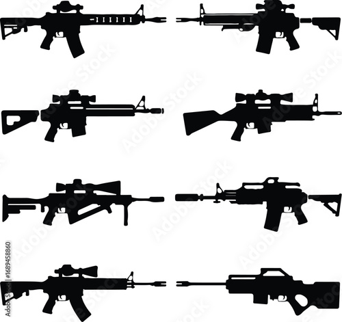 Assault Rifle Silhouette Icon Vector Design Military Weapon Gun Silhouette Symbol Set