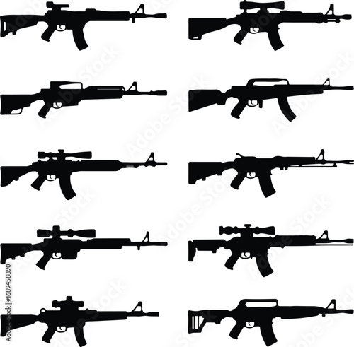 Assault Rifle Silhouette Icon Vector Design Military Weapon Gun Silhouette Symbol Set