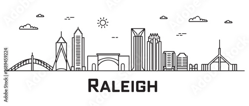 Raleigh line Art skyline. Travel Raleigh famous landmarks. Business and tourism concept for presentation, banner, web site. with white background