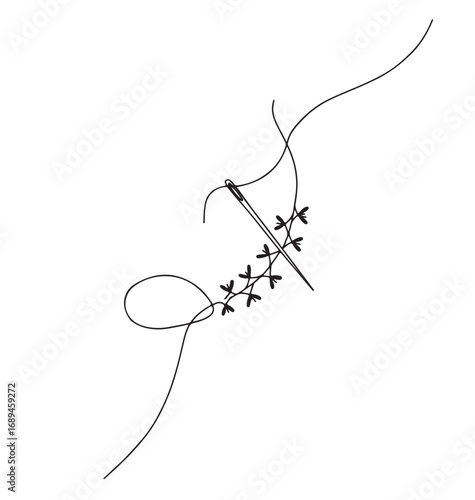 Simple Line Art Illustration of Needle and Thread with Cross Stitched Pattern Minimalist Sewing Concept Embroidery Design Black and White