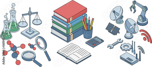 STEM education vector with science tools, books, robotics, technology, engineering icons, chemistry lab items, learning concept illustration for school