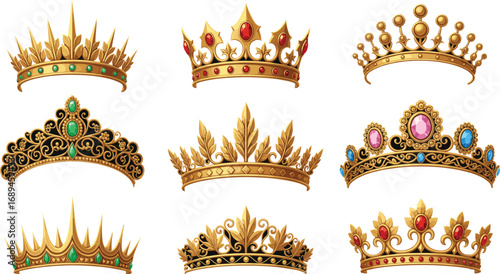 Royal crown collection with ornate gold designs, gemstones, filigree, and regal motifs for luxury, fashion, history, and costume themes