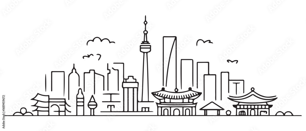 Obraz premium South Korea line Art skyline. Travel South Korea famous landmarks. Business and tourism concept for presentation, banner, web site. with white background