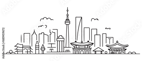 South Korea line Art skyline. Travel South Korea famous landmarks. Business and tourism concept for presentation, banner, web site. with white background
