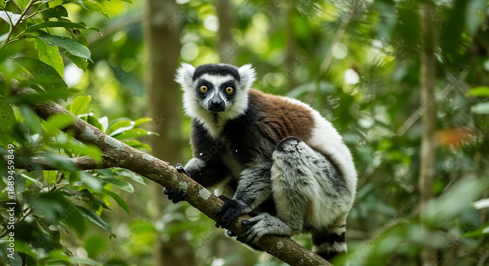 Fototapeta premium Black and White Lemur in Lush Forest.