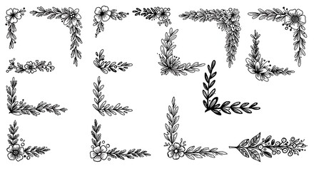 Hand Drawn Floral Corner Borders Collection Botanical Frames Set.