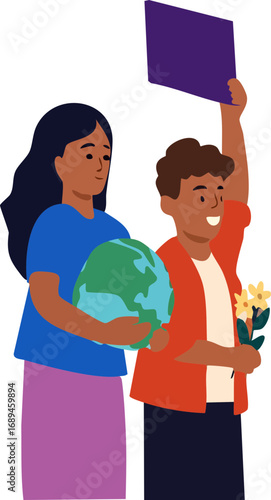 two young people standing together, one holding a globe and the other holding flowers with a raised protest sign, symbolizing activism and environmental awareness.