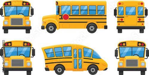 Yellow school buses in multiple views and styles, transportation vector illustration for education, safety, and vehicle design reference material