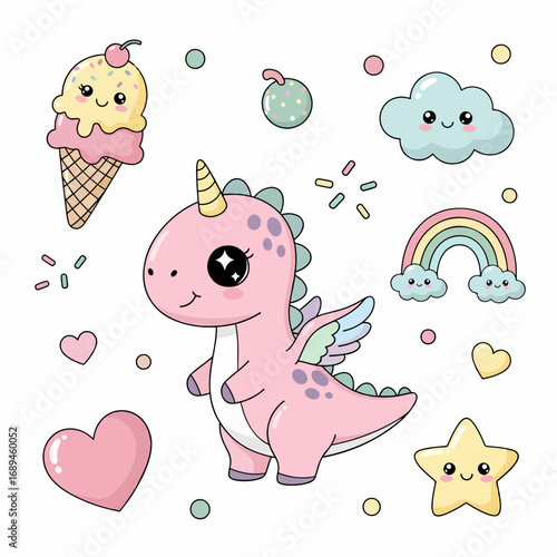 Kawaii Baby Dinosaur Unicorn with elements in pastel color style vector set. Cute cartoon Pink Dinosaur Unicorn with funny kawaii ice cream, cloud, rainbow, heart, happy star etc