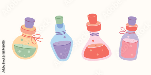 Vector Halloween magic potion bottles set, colorful flasks with liquid, witch elixir