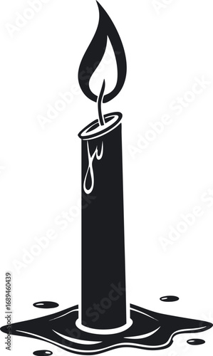 Vector art of black and white illustration of a lit candle with dripping wax