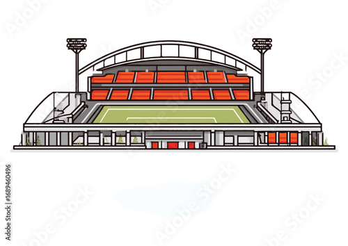 Illustration of a Modern Sports Stadium with Orange Seating and Green Field for Matches and Tournaments