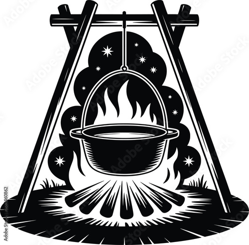 Campfire Cooking Pot Hanging Over Open Fire Outdoor Survival.