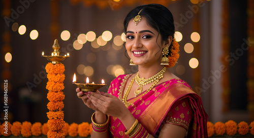 indian woman in saree holding oil lamp plate