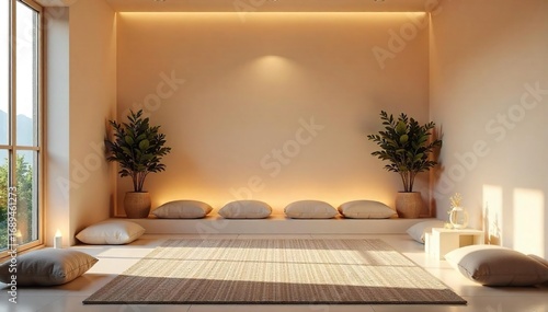 Serene meditation space with soft lighting, cushions, and calming decor Ideal for relaxation, mindfulness, and inner peace Perfect for yoga, spiritual practices, and wellness , quiet space, serenity
