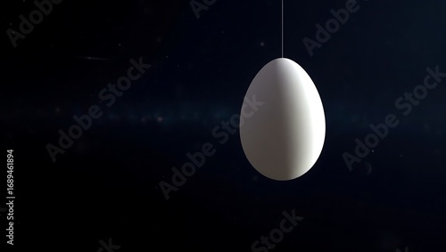A single white egg suspended in the darkness of space, illuminated by distant stars and cosmic dust particles