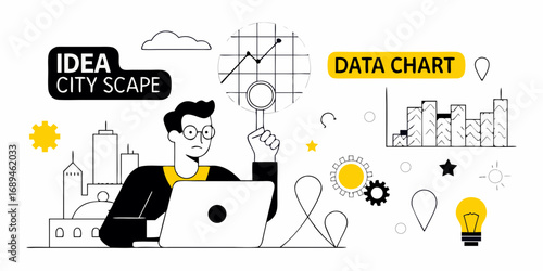 Man analyzing data chart with magnifying glass and laptop in cityscape with idea and data concepts