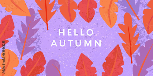 Hello autumn text surrounded by colorful falling leaves on a textured purple background
