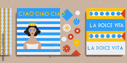 Vibrant italian themed artwork with ciao ciao ciao and la dolce vita messages and stylized queen portrait