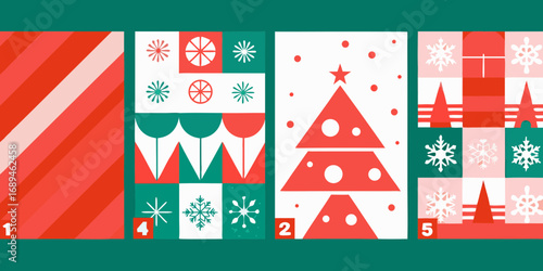 Collection of festive christmas and winter holiday graphic designs with red green and white colors