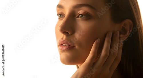 Beautiful young woman with glowing skin and a thoughtful expression, bathed in warm, soft light with a hand gently touching her cheek.