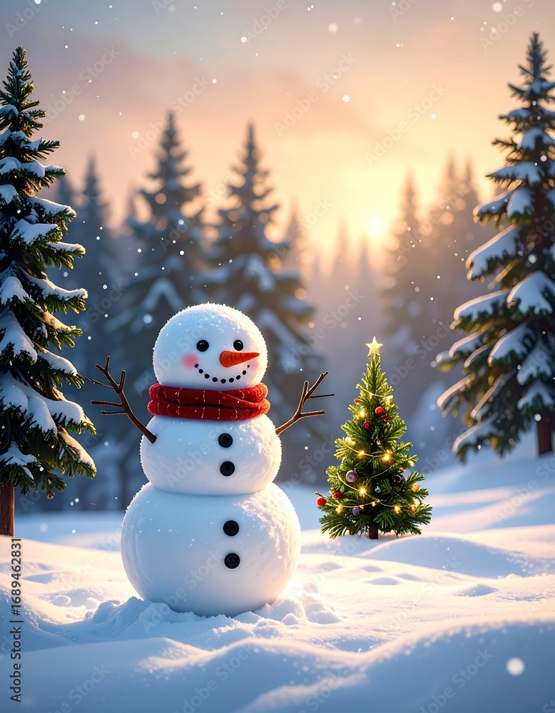Obraz premium Snowman in snowy forest at sunrise