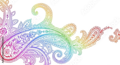 A colorful paisley pattern design with intricate details on a white background creating a vibrant effect