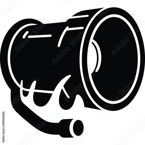 A black and white illustration of a vintage car horn with a unique design and prominent details shown clearly silhouette