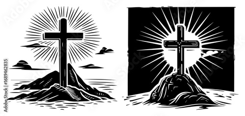 Christian cross on hill with sun rays religious faith and hope symbol vintage woodcut engraving illustration vector