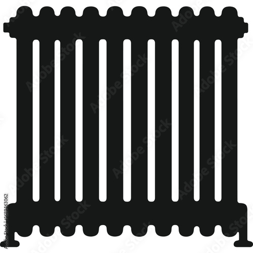 A black radiator with vertical bars and a scalloped top sitting against a white background in a square format silhouette