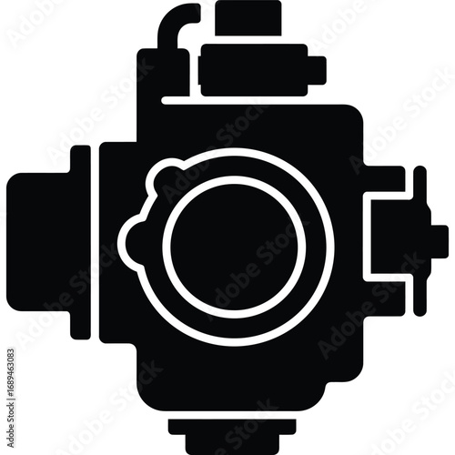 A detailed silhouette of a carburetor showcasing its intricate design and mechanical components in black and white