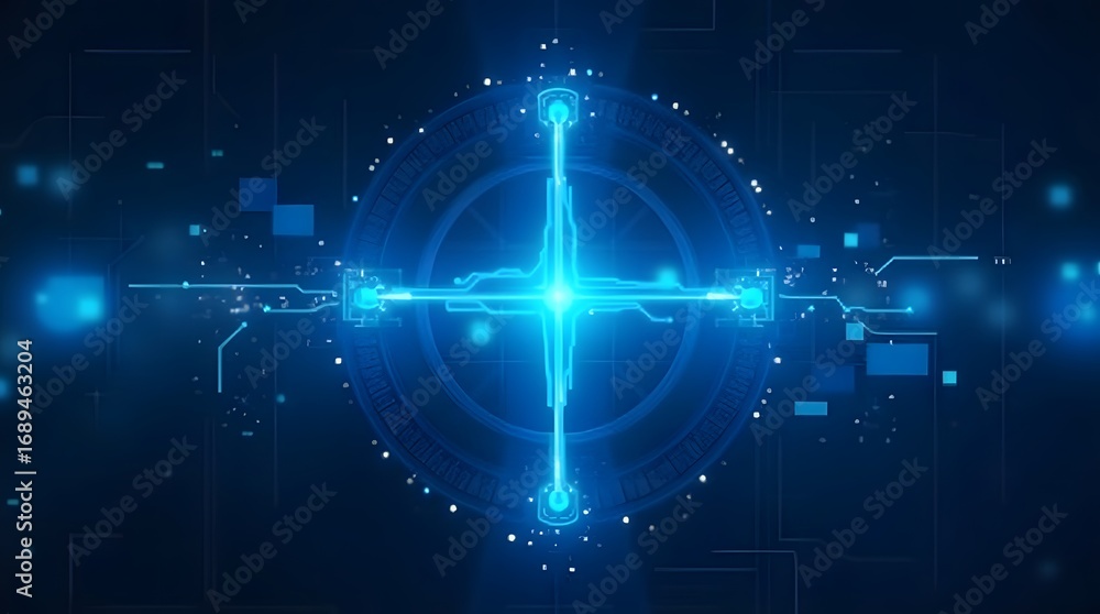 Fototapeta premium Health Theme, Blue medical cross glowing in futuristic digital background