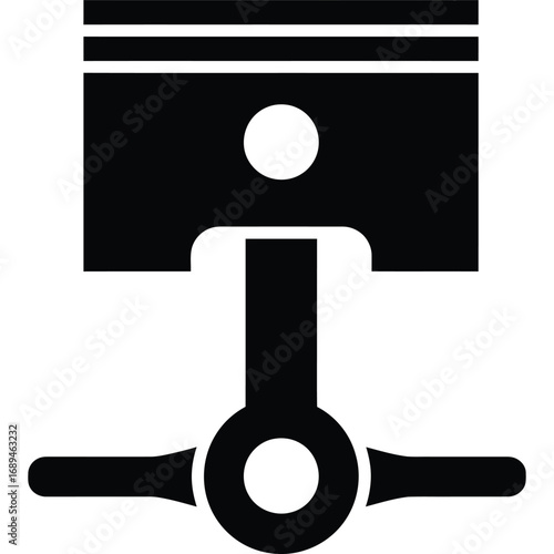 A black and white illustration of a piston with connecting rod and crankshaft in simple graphic style silhouette