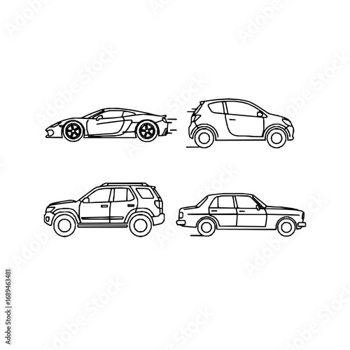 Four car line drawings are arranged in two rows. Top left: a sleek sports car with aerodynamic contours