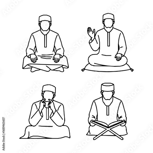 Line art illustrations depict four figures in traditional Islamic clothing. Each wears a kufi cap