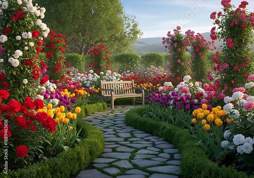 A picturesque garden path lined with vibrant roses and tulips, inviting serenity and color.