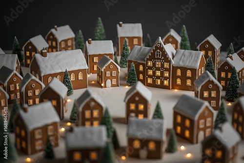 Wallpaper Mural Festive winter village scene featuring detailed gingerbread houses illuminated with warm light creating a cozy holiday atmosphere Torontodigital.ca